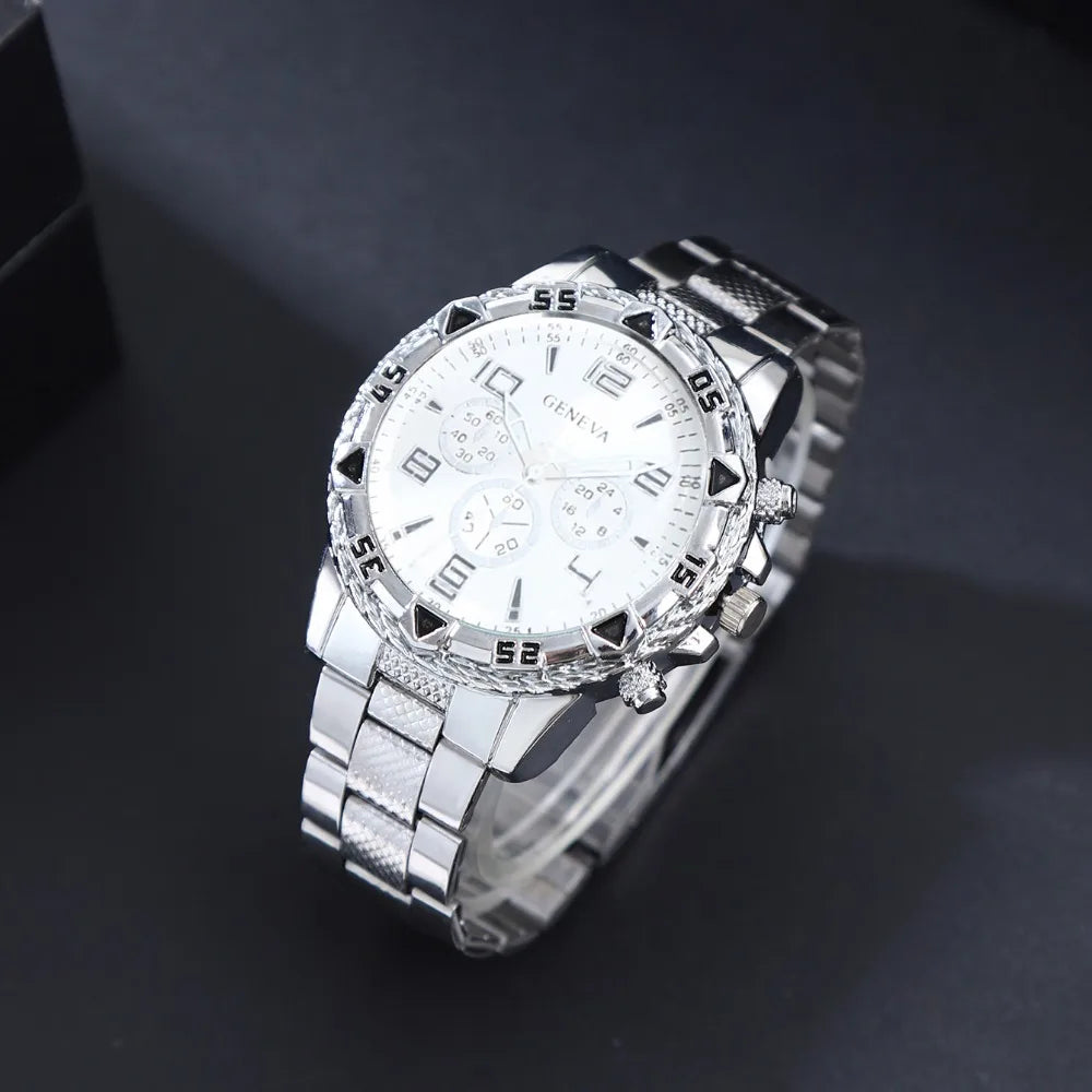 4 Pcs/Set Fashion Men's Watches  Alloy Men Quartz Wrist Watch Casual Business Mens Clock Necklace Bracelet Ring Set