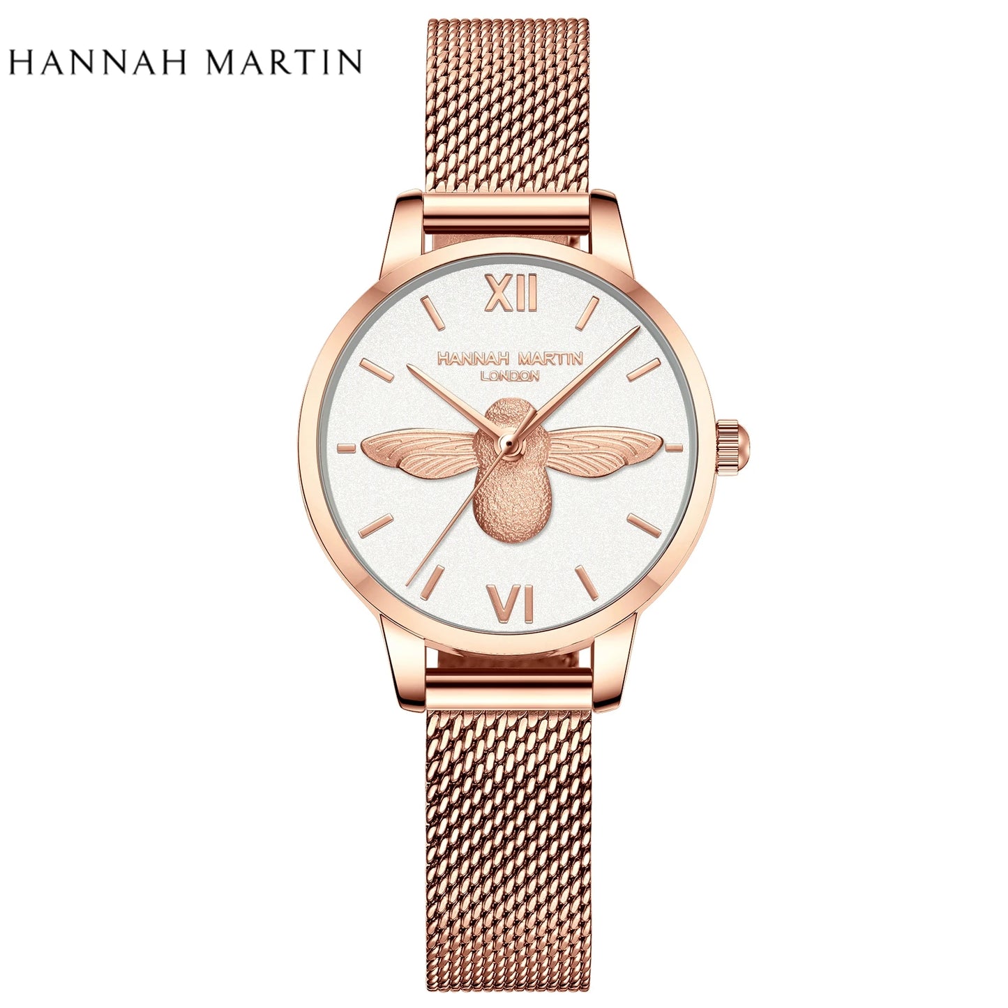 Hannah Martin 2023 New Women Luxury Watch Rose Gold 31mm Classic Casual Girl Dress Watch Bracelet Set 3D Engraved Bee Dial Clock