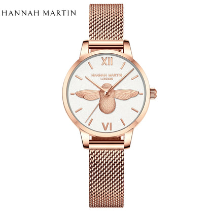 Hannah Martin 2023 New Women Luxury Watch Rose Gold 31mm Classic Casual Girl Dress Watch Bracelet Set 3D Engraved Bee Dial Clock