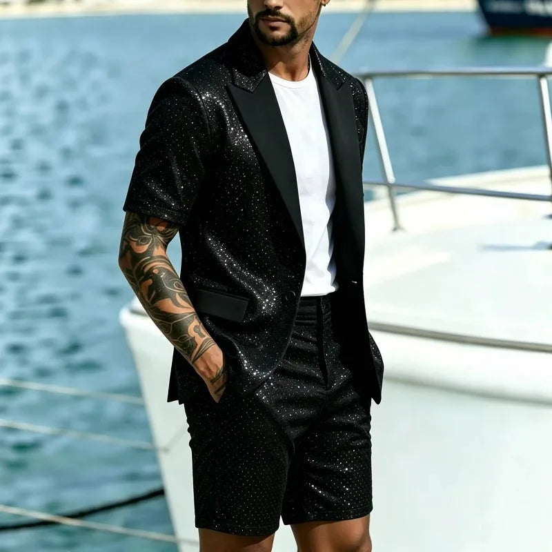 KIDWHXR Man Summer 2-piece Outfit Patchwork Short Sleeve Blazer Male Straight-leg Shorts Men Sequins Wedding Party Suit Set
