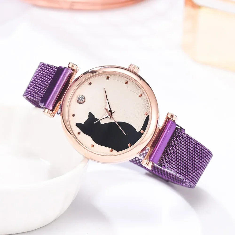 Direct Delivery 5 Pieces/Set Women Watches Rose Gold Bracelet Set Cat Pattern Magnet Black Watch Ladies Watches Quartz Clock