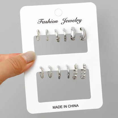 6Pcs/set Stainless Steel Crystal Zirconia Hoop Earring for Women Metal Circle Geometric Cartilage Piercing Earrings Set Jewelry