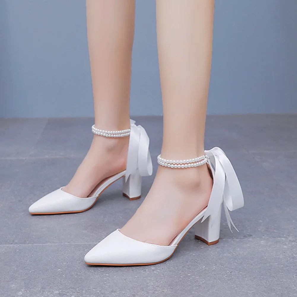 Women's Open Toe Block Heel Pearl Wedding Shoes for Bride Chunky Heeled Sandals Bridal Shoes Pumps