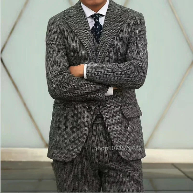 3 Piece Set Grey Herringbone Tweed Men Suits Formal Notch Lapel Male Suit Slim Elegant Wedding Groom Business Casual Suit