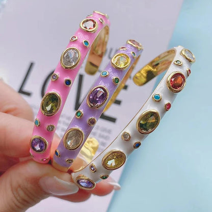 Fashionable Multicolor Gold Plated Gemstone Charm Bangle,Fine Colorful Enamel Open Adjustable Bracelet Jewelry Supply  Q35