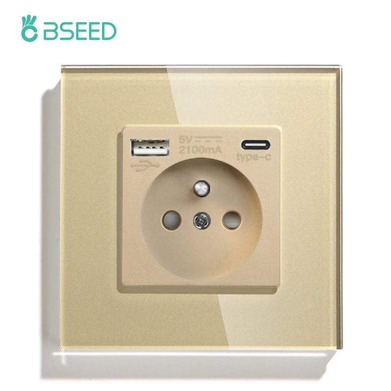 BSEED France Standard Single Wall French Socket Double Power Plug With White Black Gloden Crystal Glass Panel 16A 110V-250V