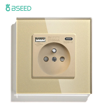 BSEED France Standard Single Wall French Socket Double Power Plug With White Black Gloden Crystal Glass Panel 16A 110V-250V