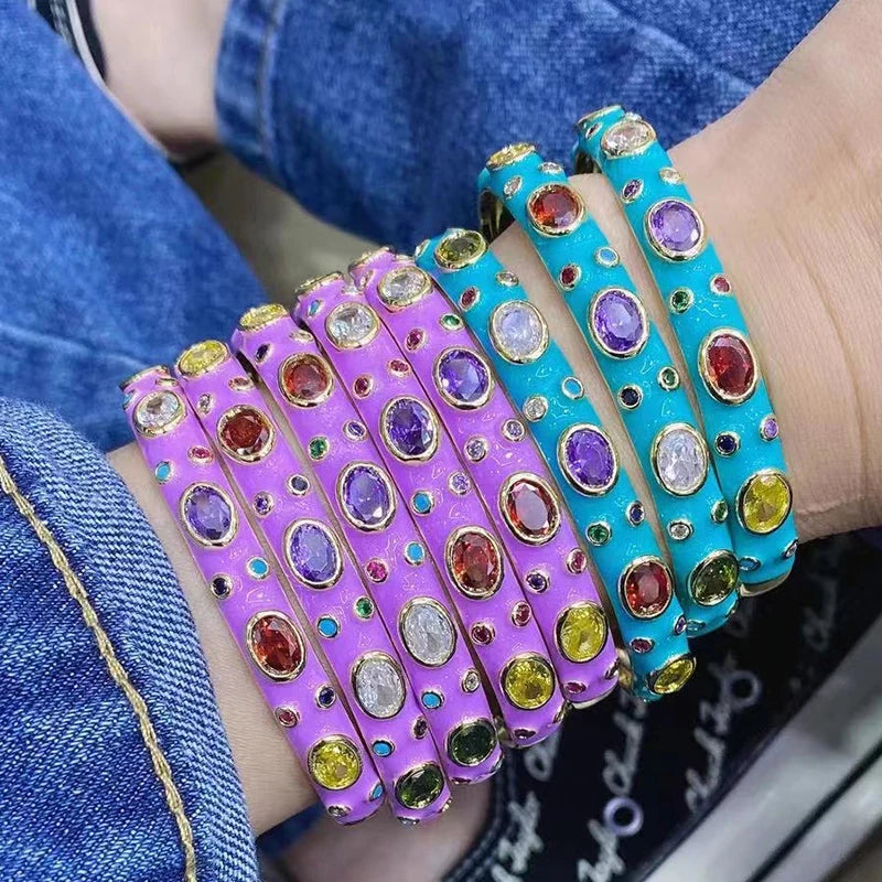 Fashionable Multicolor Gold Plated Gemstone Charm Bangle,Fine Colorful Enamel Open Adjustable Bracelet Jewelry Supply  Q35