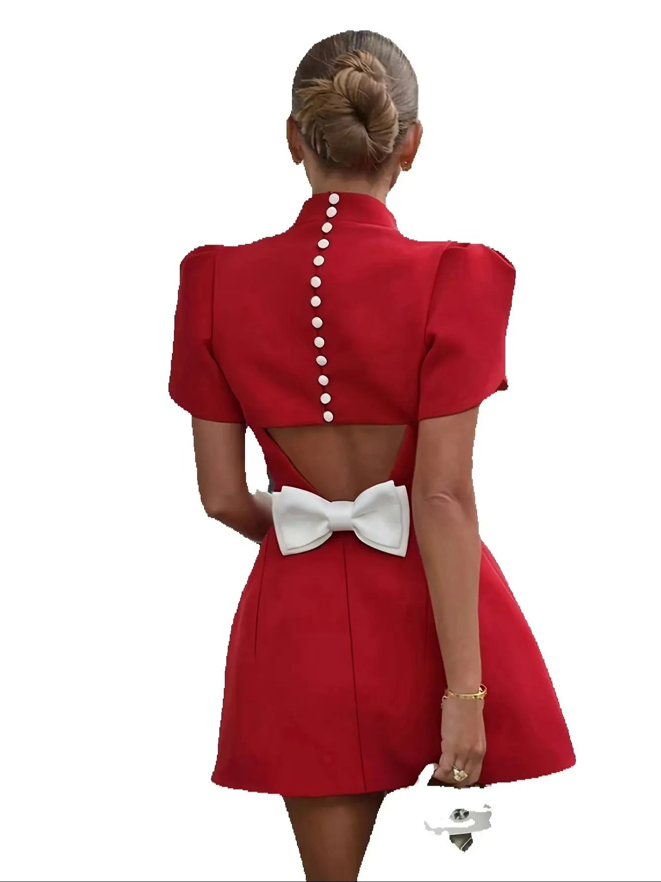 Leisure and elegant style with hollowed out bow design at the back, round neck button up women's dress, mid length skirt