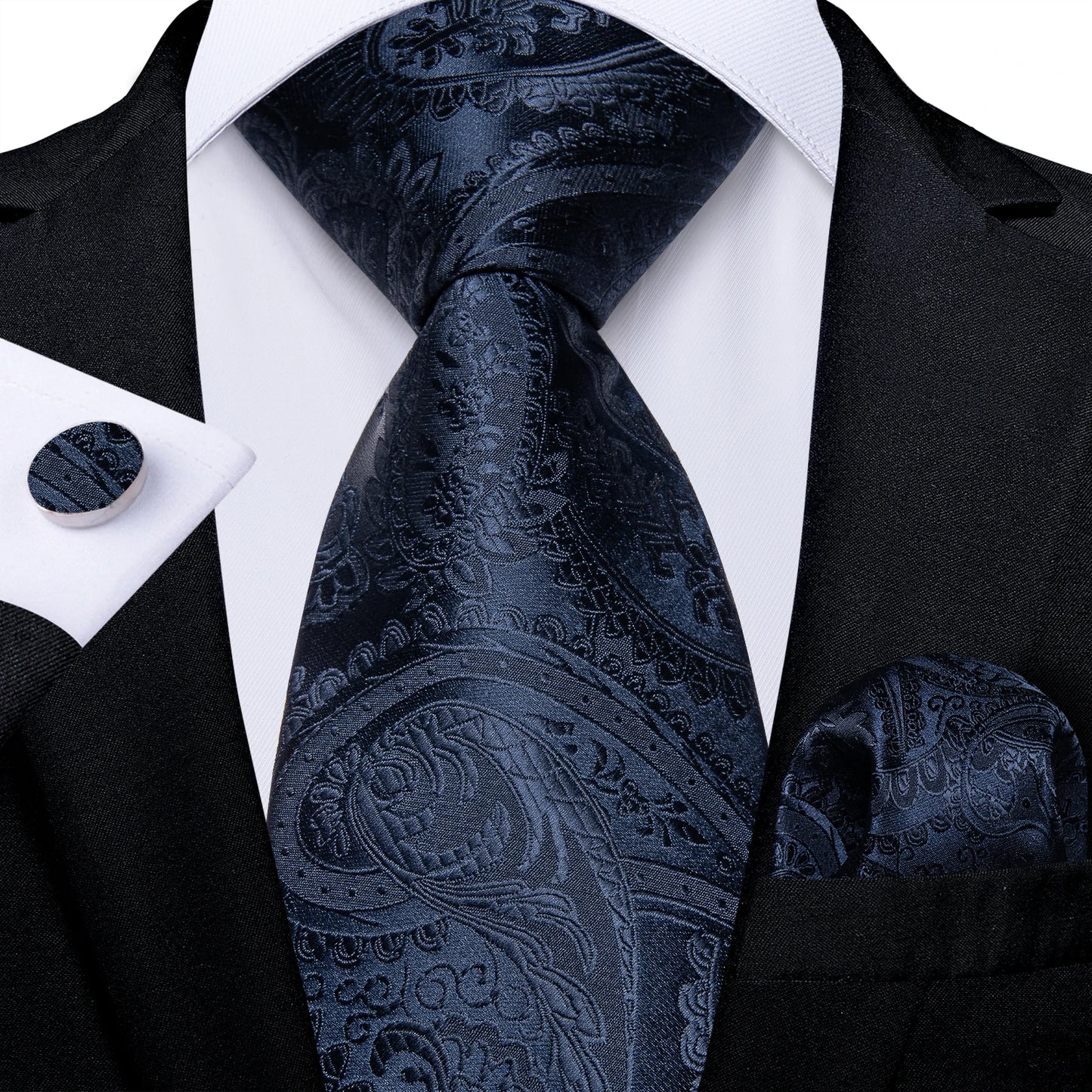 Black And Silver Paisley Floral Men's Ties Gray Blue Pink Wedding Accessories Neck Tie Set Handkerchief Cufflinks Gift For Men