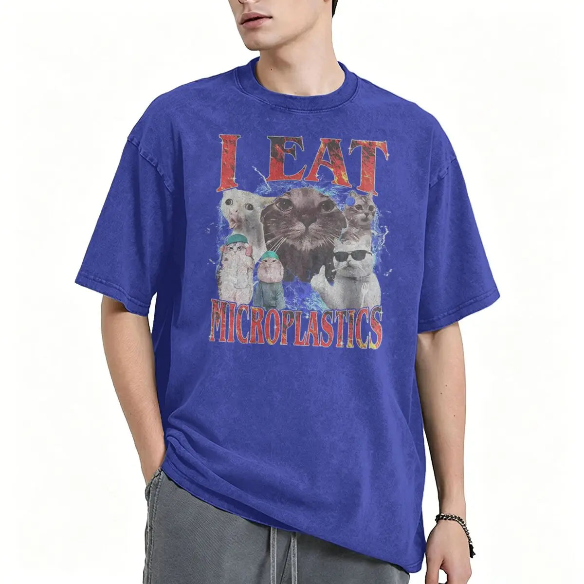 I Eat Microplastics Meme Cats Retro T Shirt 100% Cotton Vintage Washed T-shirt For Men Women