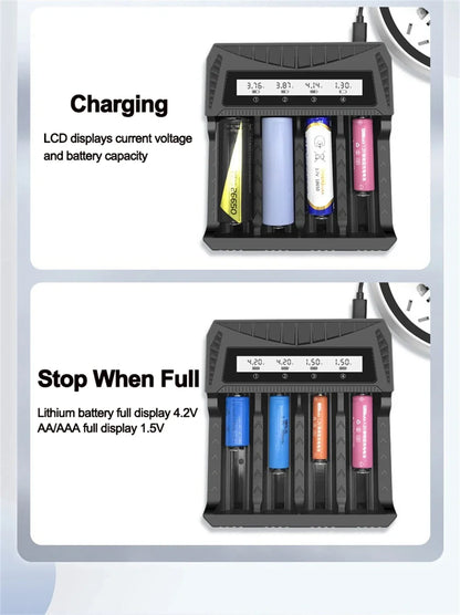 Intelligent LCD Battery USB Charger - 1/2/4 Slots for 18650 4.2V Li-ion & 1.2V Ni-MH AA/AAA Rechargeable Batteries