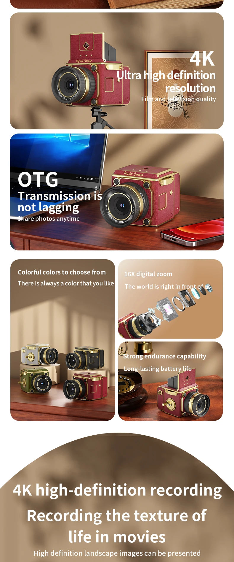 4K Retro Digital Camera 64MP Ultra Clear Pixels 16X Zoom 20 HD Screen Portable CCD Vintage Camera For Beginners And Students