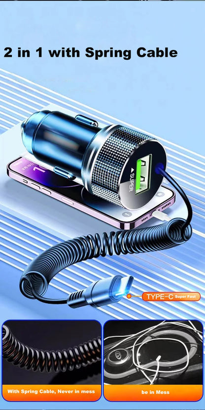 Ładowarka samochodowa EDEBA Metal USB z kablem Type-C 12 V Super szybkie ładowanie, adapter samochodowy 2 w 1 do iPhone'a, Samsunga, Huawei, VIVO, OPPO