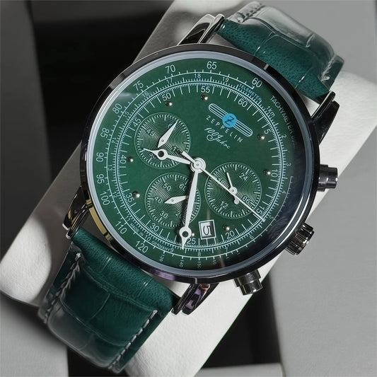 2026 Fashion New Retro Business Casual Leather Strap Quartz Watch Zeppelin Men's Watch Green Dial Luxury Gift Watch