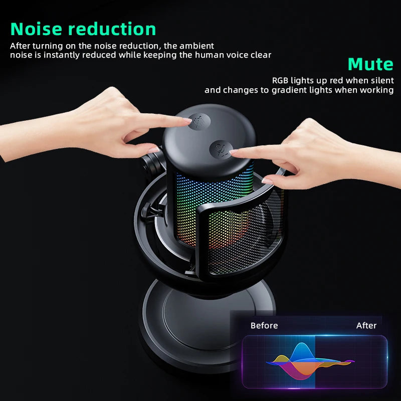USB Microphone for PC RGB Gaming Microphone with Headphone Output And Touch-Mute Button Noise Cancellation for Recording Streami