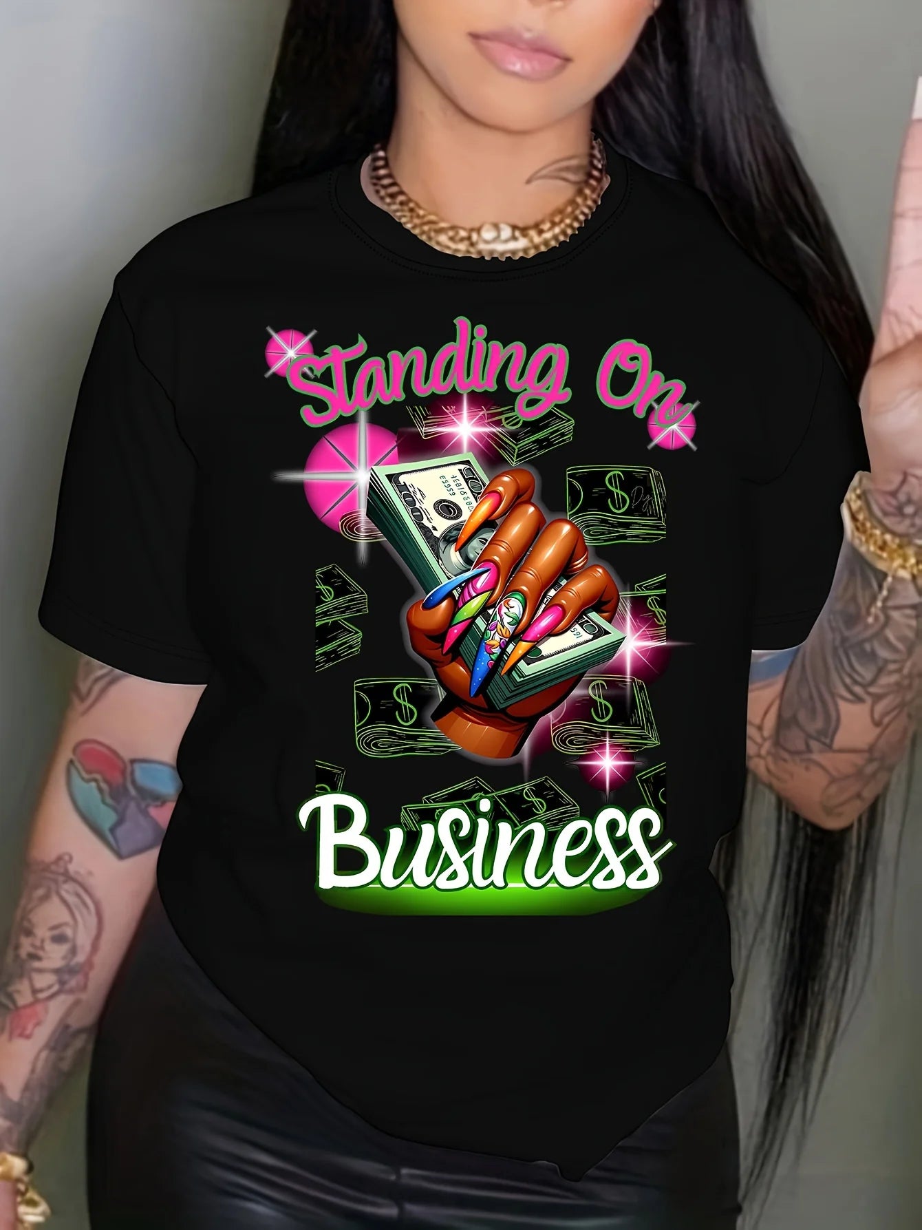 Standing On Business Women's Tee - Bold Money Graphic, Casual Streetwear Top