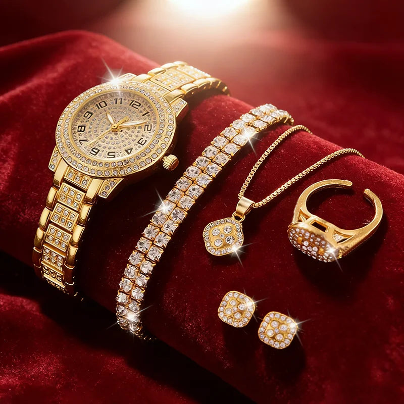2pcs/set Luxury Women Gold Watch Fashion Ladies Quartz Diamond Wristwatch Elegant Female Bracelet Watches Set