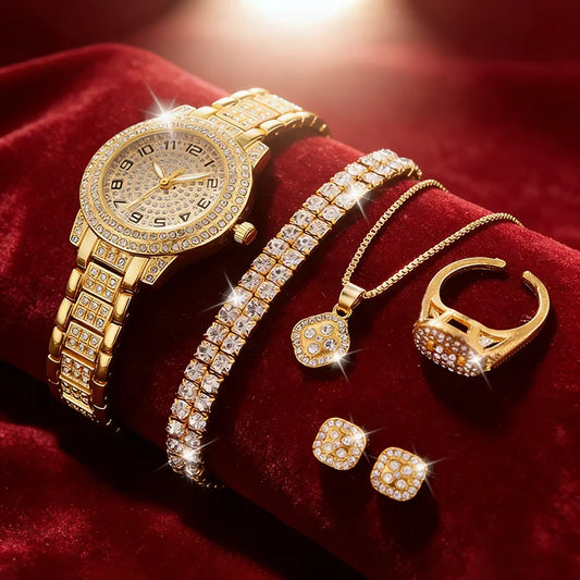 2pcs/set Luxury Women Gold Watch Fashion Ladies Quartz Diamond Wristwatch Elegant Female Bracelet Watches Set