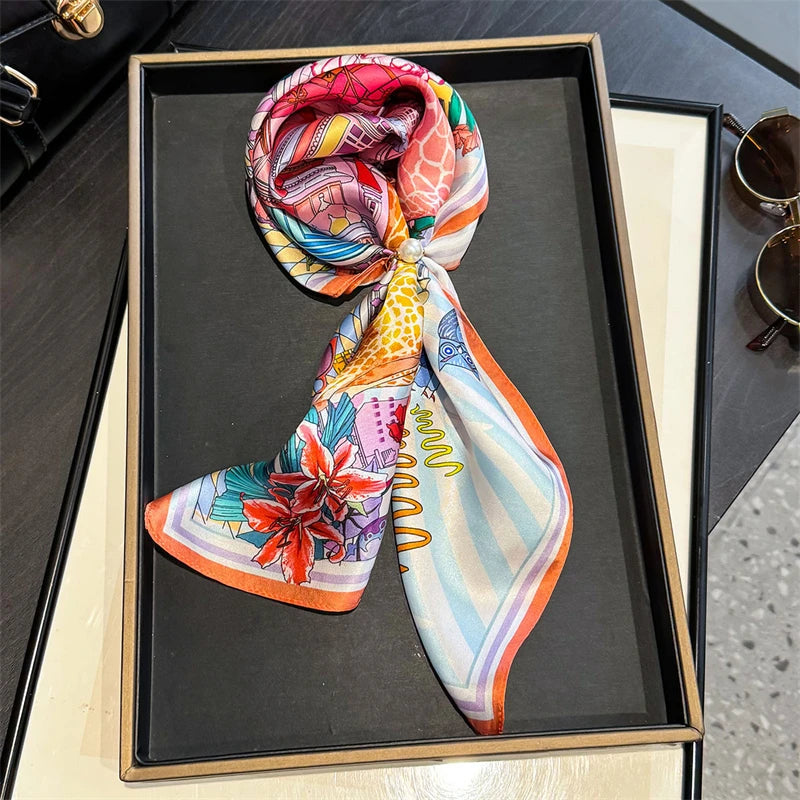 Luxury Brand 100% Natural Silk Scarf Women Design Small Square Shawl Hair Ribbon Headband Fashion Neckerchief Bandana
