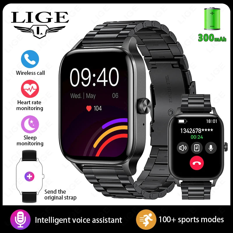 LIGE Smart Watch Answer/Make Call 1.85" Smartwatch for Android iOS Heart Rate Sleep Monitor Pedometer Waterproof Fitness Watches