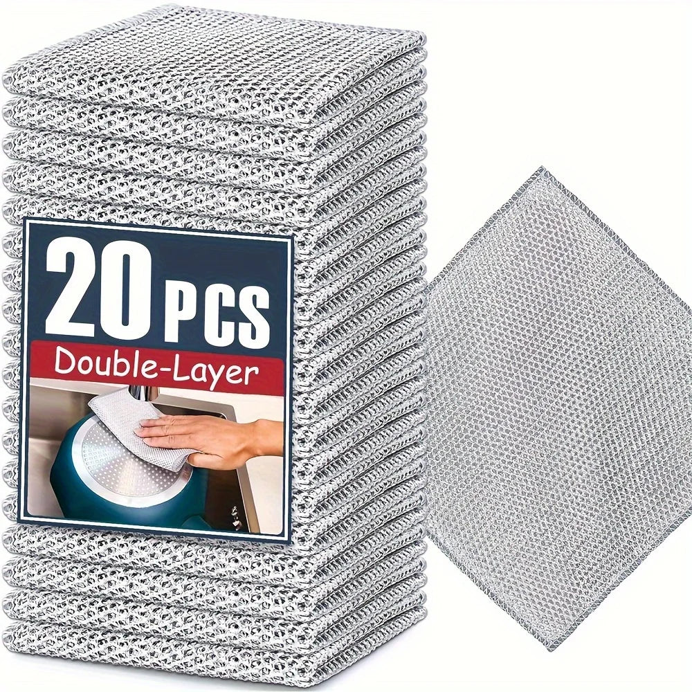 20-5pcs Thickened Steel Wire Cleaning Cloth Non-Scratch Double-layer Iron Microfiber Mesh Dishrag Washing Pot Rags Kitchen Towel