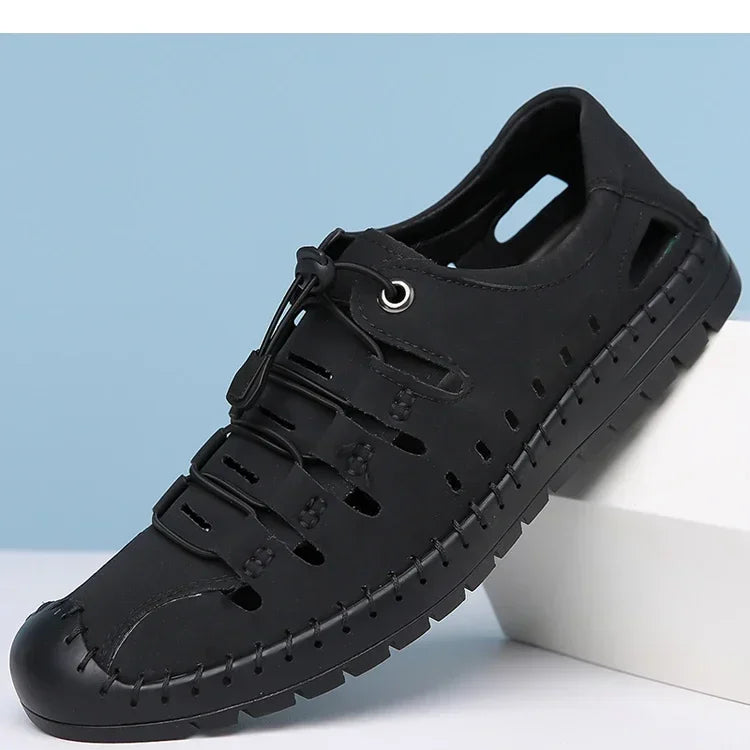 Men's Summer New Hollow out Breathable Leather Sandals Outdoor Anti-Slip Soft Bottom Casual Cover Toe Slip-On Shoes-8025