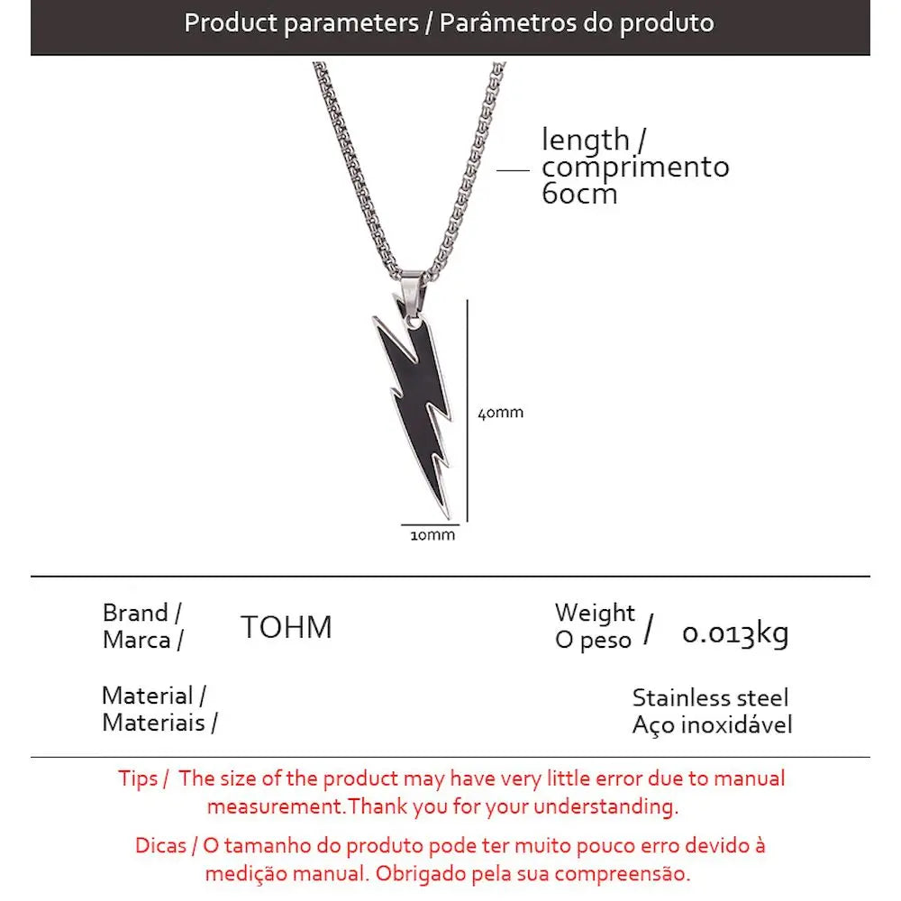 TOHM Fashion Stainless Steel Lightning Pendants Necklace  Hip Hop Party Gifts Waterproof Charms Jewelry Not Fading