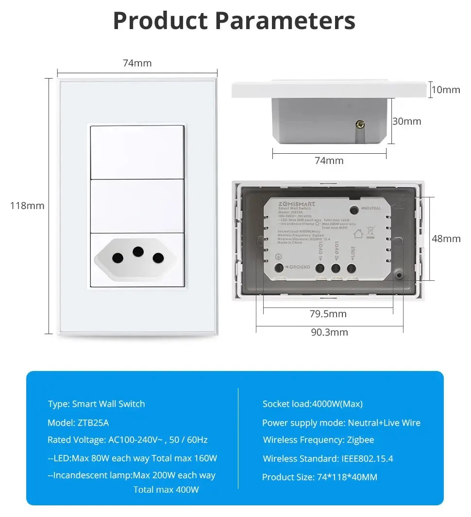 Zemismart Zigbee Smart 10A 20A Brazil Socket Light Switch with Outlets Work with Tuya Smart Life App Alexa Google Home Control