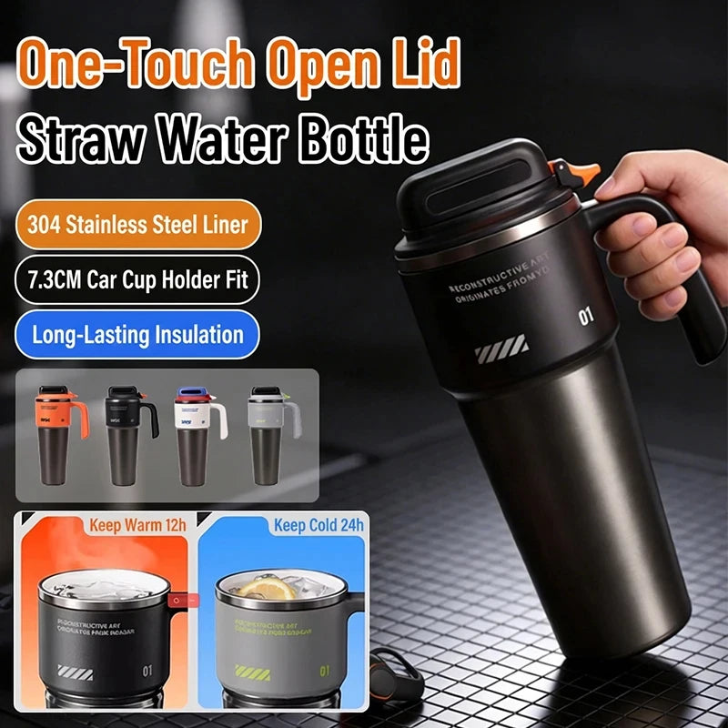 1L 304 Stainless Steel Vacuum Insulated Water Bottle One Touch Flip Lid Thermos Mug with Straw Handle for Car Travel Home Daily