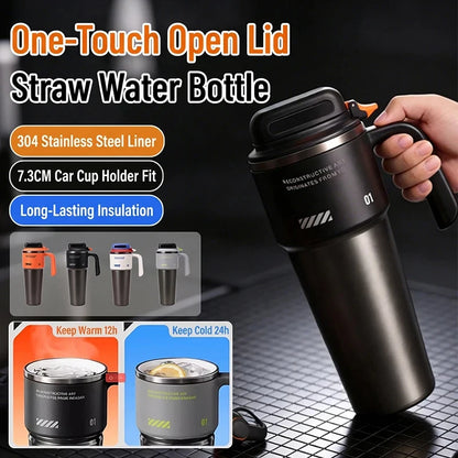 1L 304 Stainless Steel Vacuum Insulated Water Bottle One Touch Flip Lid Thermos Mug with Straw Handle for Car Travel Home Daily