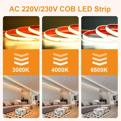 220V COB LED Strip Light 296 LEDs/m High Brightness Waterproof Flexible LED Tape Ribbon for Room Kitchen Outdoor Lighting 230V