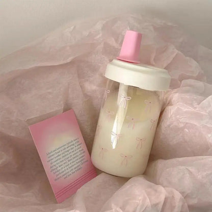 500/700Ml Pink Bow Water Cup With Straw Coffee Bubble Milk Tea Plastic Cup Large Capacity Students Water Bottle Straw Bottle