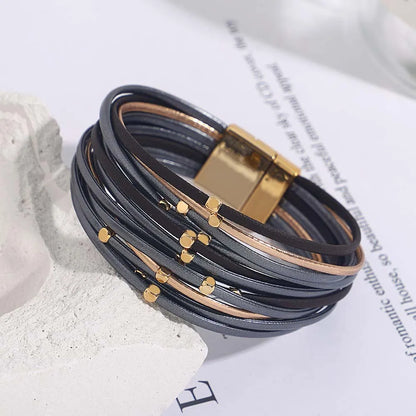 ALLYES Charm Triple Color Leather Bracelet for Women Bohemian Metal Beads Multilayer Thin Strip Wrap Bracelets Fashion Jewelry