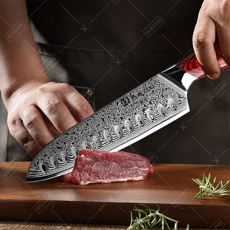 TAMZUO 7" Kitchen Santoku Knives Japanese Damascus Steel VG10 Kitchen Cooking Knife Meat Cutting Fruit Knife Wooden Handle