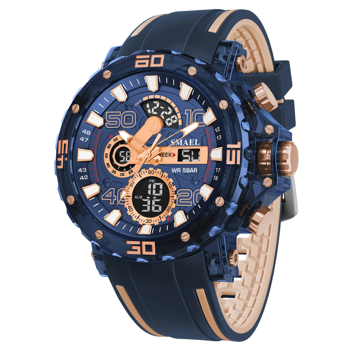 SMAEL 8136 Dual Display Military Watch for Men - 50M Waterproof LED Alarm Chronograph Stopwatch Shock Resistant