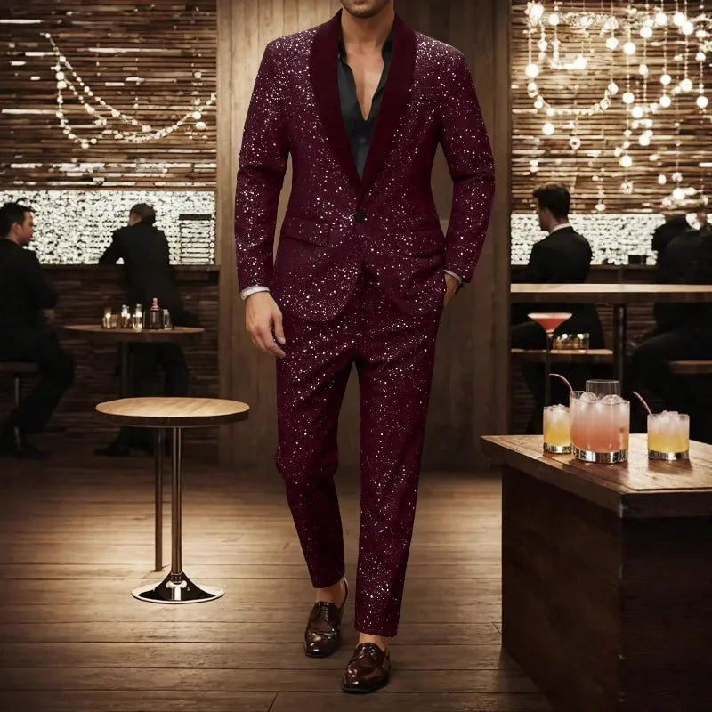 KIDWHXR Man Suit Outfit Patchwork Turn Down Collar Blazer Male Straight-leg Pant Men Slim Sequins Wedding Stage 2-piece Set