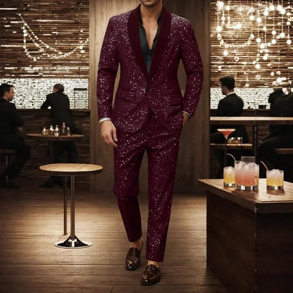 KIDWHXR Man Suit Outfit Patchwork Turn Down Collar Blazer Male Straight-leg Pant Men Slim Sequins Wedding Stage 2-piece Set