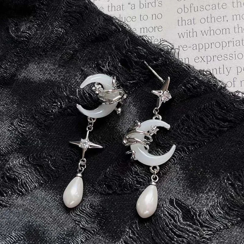 Fashion Asymmetric Shiny Star Moon Drop Earrings for Women Exquisite Metal Crystal Pearl Earrings Aesthetic Jewelry Accessories