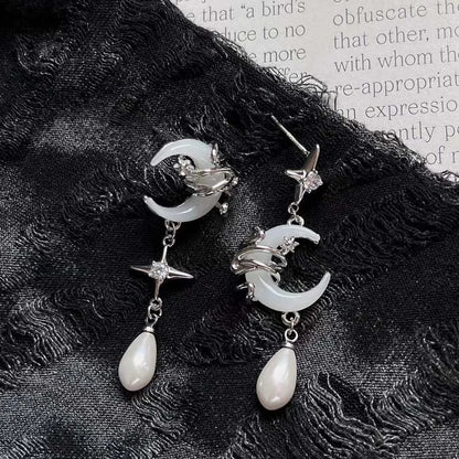 Fashion Asymmetric Shiny Star Moon Drop Earrings for Women Exquisite Metal Crystal Pearl Earrings Aesthetic Jewelry Accessories