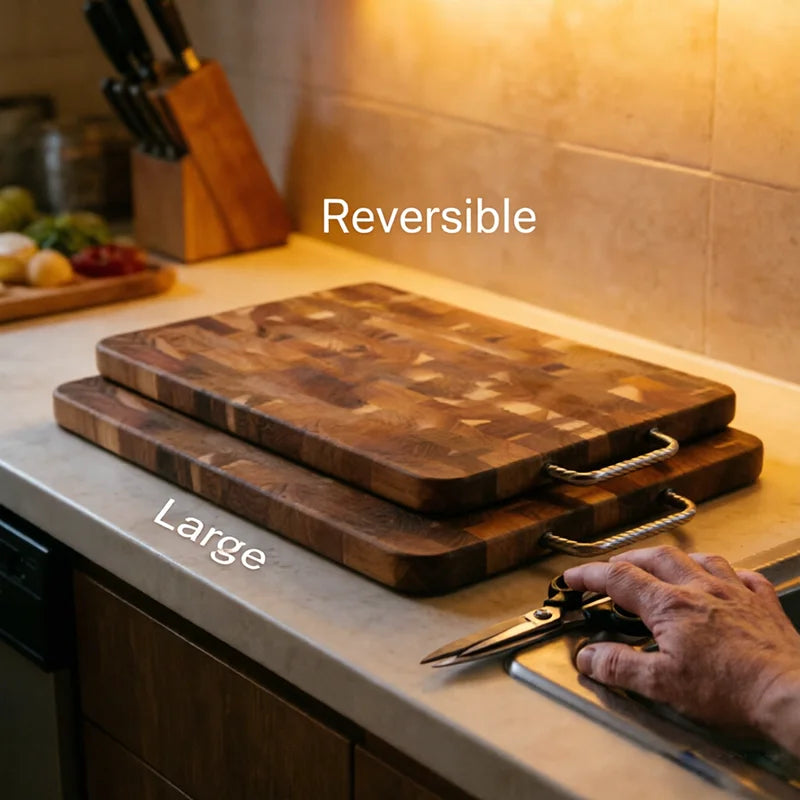 Large Acacia Wood Cutting Board, Checkerboard End Grain Butcher Block, Thick Reversible Wooden Chopping Board with Metal Handle
