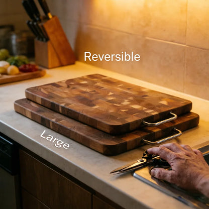 Large Acacia Wood Cutting Board, Checkerboard End Grain Butcher Block, Thick Reversible Wooden Chopping Board with Metal Handle