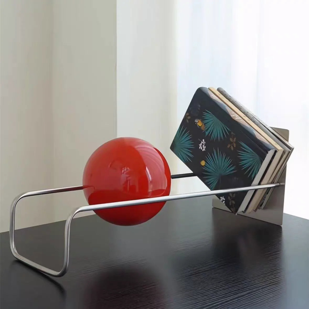 Mid-Century Modern Gravity Ball Book Holder, Bauhaus Inspired Desktop Organizer, Stylish Magazine Rack for Home Office