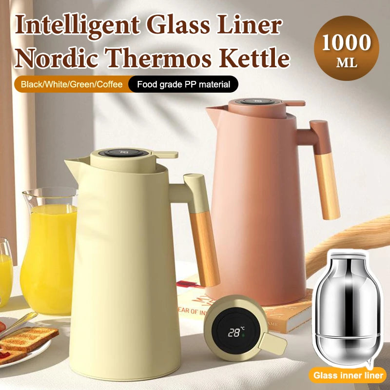 1Pc 1000ML Thermos Bottle Nordic Thermos For Hot Water Intelligent Water Heater Kettle Jug Bottle Vacuum Flask Wooden Handle