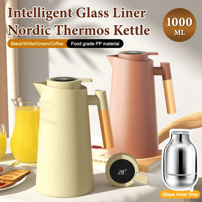 1Pc 1000ML Thermos Bottle Nordic Thermos For Hot Water Intelligent Water Heater Kettle Jug Bottle Vacuum Flask Wooden Handle