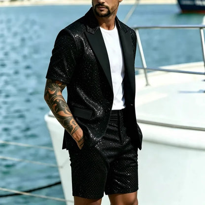 KIDWHXR Man Summer 2-piece Outfit Patchwork Short Sleeve Blazer Male Straight-leg Shorts Men Sequins Wedding Party Suit Set