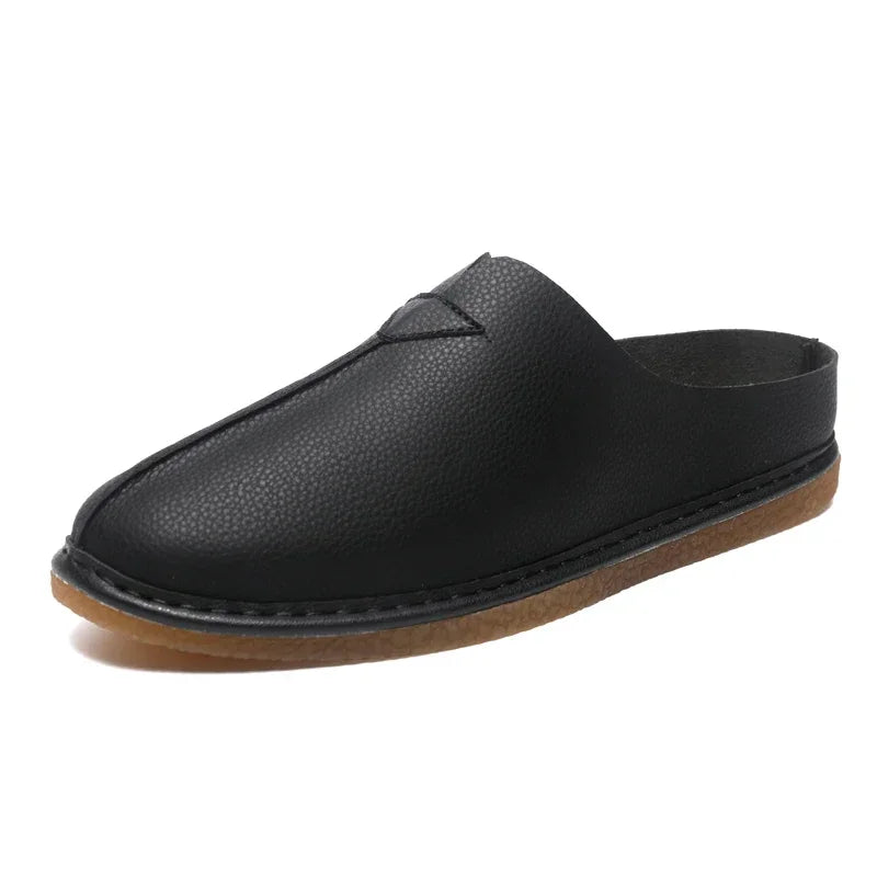 Fashion Leather Men Casual Shoes Slip on Man Loafers Breathable Soft Half Slippers Summer Flats Lightweight Lazy Driving Shoes