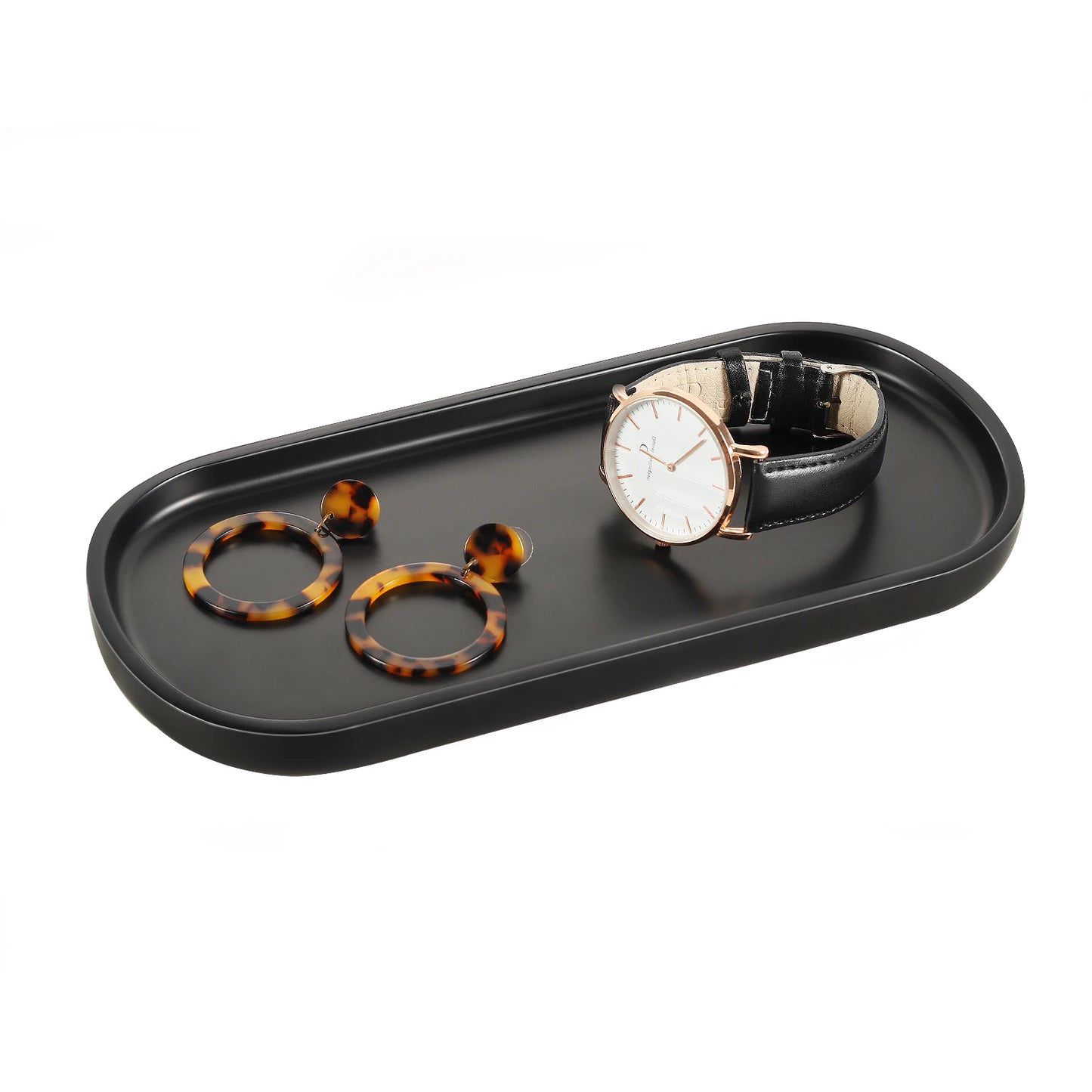 Emibele Black Vanity Tray, 10" Resin Oval Storage Tray for Bathroom Countertop Kitchen Sink Dresser Toilet Tank for Jewelry Ring