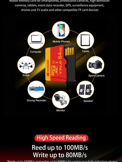 KODAK Micro SD Card U3 V30 128GB 256GB 64GB 4K High Speed TF Card for Phone Camera Drone