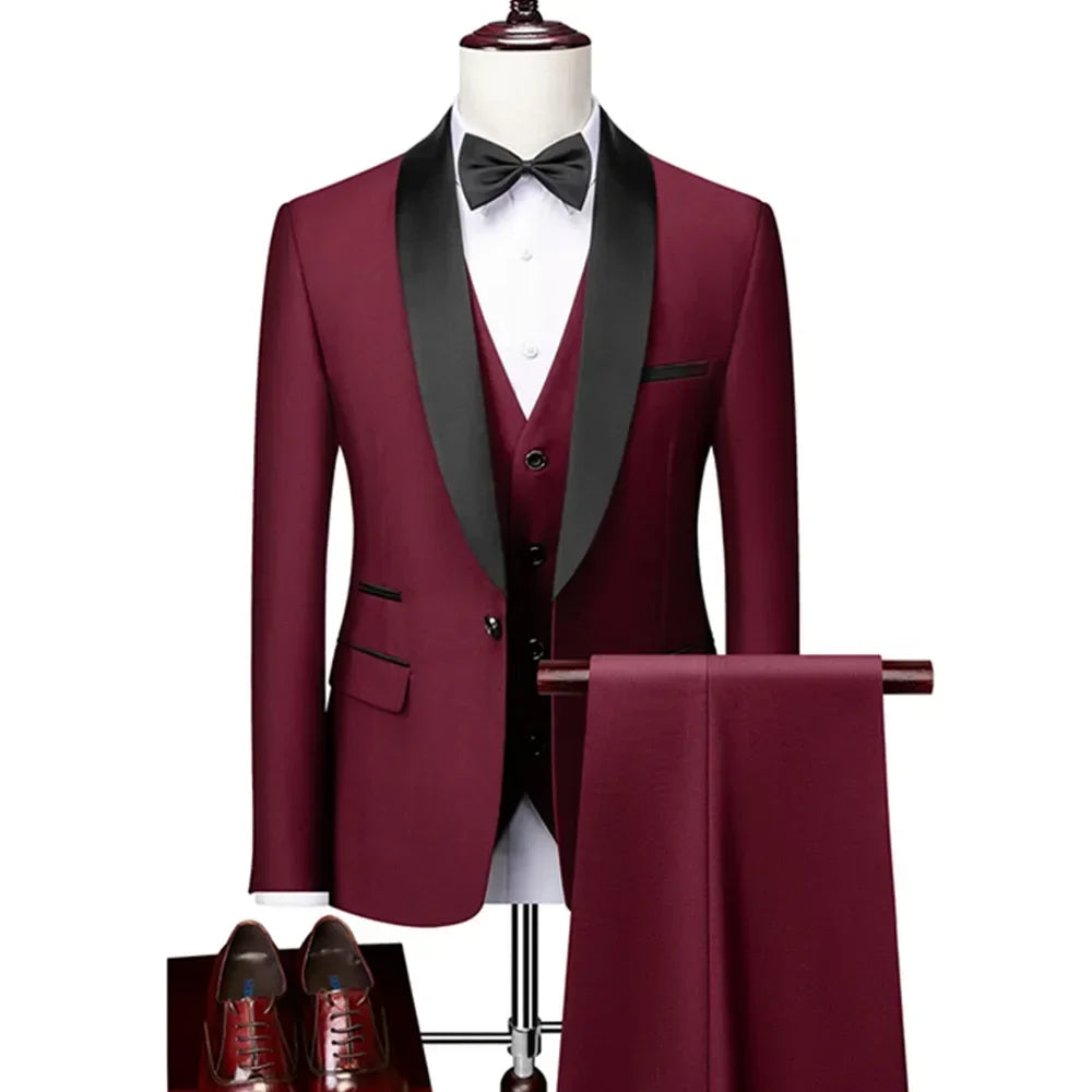 ( Jacket + Vest + Pants ) Men's 3 Piece Tuxedo Suit Set, Beige Blazer with Black Shawl Lapel for Wedding, Groom, Formal Party
